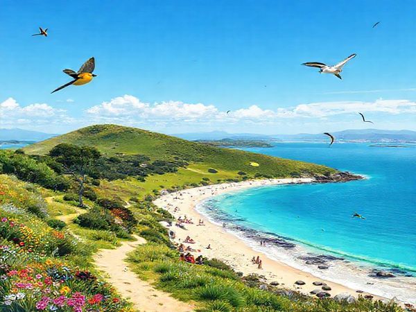 A high-definition illustration of Quail Island, New Zealand, showcasing its stunning summer landscape. Depict vibrant green walking trails dotted with colorful native flowers, families enjoying picnics on the beach under a bright blue sky, and the azure waters of Lyttelton Harbour lapping at the shore. Include the lively presence of local birds like bellbirds and fantails flitting through the scene, with a hint of historical relics peeking through the lush foliage, encapsulating the island's blend of natural beauty and rich history.