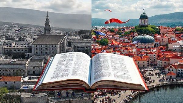 Create a high-definition image depicting a symbolic representation of Croatia's transition from socialism to a vibrant democracy. Visualize a split landscape: on one side, a bleak socialist cityscape with grey buildings and cold, institutional designs; on the other, a colorful, thriving Croatian town filled with modern architecture, cultural festivals, and diverse people celebrating. In the center, depict a large, open book with human rights texts and international treaties fluttering in the breeze, symbolizing the country's commitment to global human rights norms. Use rich colors to contrast the two sides, conveying a sense of resilience and evolution.