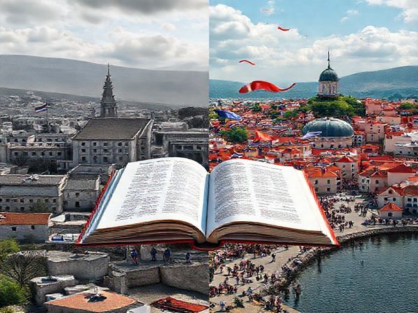 Create a high-definition image depicting a symbolic representation of Croatia's transition from socialism to a vibrant democracy. Visualize a split landscape: on one side, a bleak socialist cityscape with grey buildings and cold, institutional designs; on the other, a colorful, thriving Croatian town filled with modern architecture, cultural festivals, and diverse people celebrating. In the center, depict a large, open book with human rights texts and international treaties fluttering in the breeze, symbolizing the country's commitment to global human rights norms. Use rich colors to contrast the two sides, conveying a sense of resilience and evolution.