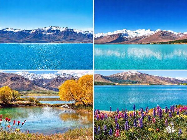 Create a high-definition image of Lake Tekapo in each season: summer with vibrant azure waters sparkling under the Southern Hemisphere sun and bustling outdoor activities; winter with serene snowy landscapes, icy mountain caps, and a cozy outdoor hot springs scene; autumn displaying golden and crimson leaves contrasting with the turquoise lake; and spring adorned with blooming lupins along the lakeside, capturing the lively reawakening of nature. Set against the majestic Southern Alps, the image should evoke tranquility, adventure, and the stunning beauty of this majestic New Zealand location.