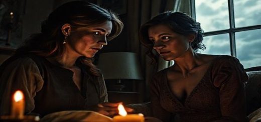 A high-definition image depicting a tense domestic scene from "The Hand That Rocks the Cradle (2025)". Focus on two female characters, one as the seemingly nurturing mother, Claire, and the other, Rebecca, the complex antagonist with a piercing gaze, both surrounded by an atmosphere of psychological suspense. Incorporate gothic elements like shadowy corners, flickering candlelight, and a sense of confinement mixed with expansive windows revealing a stormy sky outside. The women are engaged in an intense, silent exchange, capturing the layered dynamics of power and motherhood.