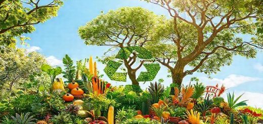 Create a high-definition image of a vibrant, lush landscape showcasing a variety of plant-forward foods such as colorful fruits, vegetables, and grains, intertwined with symbols of planetary health like recycling symbols and Earth motifs. Include diverse cultural elements, such as traditional cooking tools and utensils, to emphasize inclusivity in sustainable eating. The scene should evoke harmony between nature and nutrition, with a bright blue sky and sunlight filtering through the trees, symbolizing hope for a healthier planet.