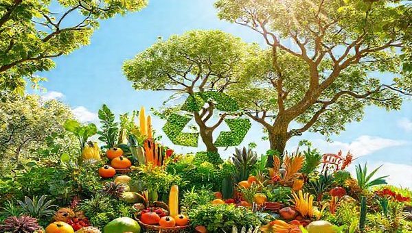 Create a high-definition image of a vibrant, lush landscape showcasing a variety of plant-forward foods such as colorful fruits, vegetables, and grains, intertwined with symbols of planetary health like recycling symbols and Earth motifs. Include diverse cultural elements, such as traditional cooking tools and utensils, to emphasize inclusivity in sustainable eating. The scene should evoke harmony between nature and nutrition, with a bright blue sky and sunlight filtering through the trees, symbolizing hope for a healthier planet.