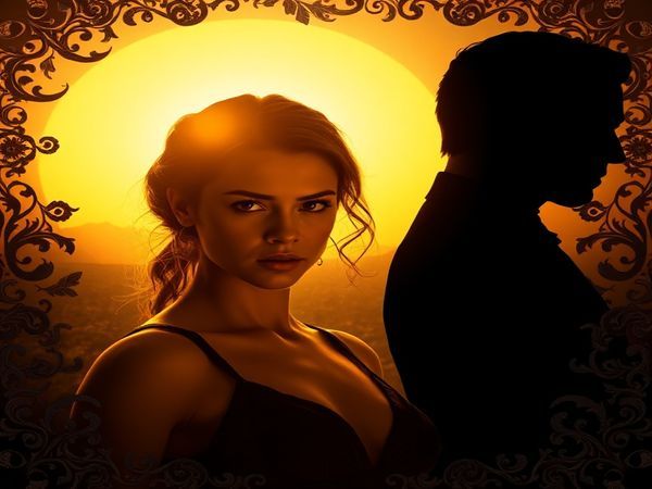 A high definition image of a cinematic scene from a film, depicting a powerful female protagonist in a golden-hued sunrise, her expression a mix of strength and vulnerability, contrasted against the shadowy silhouette of a male adversary. The background features a tapestry of deep indigos and intricate details that symbolize both beauty and entrapment, conveying a duality of empowerment and restriction. The overall composition should evoke a sense of elegance and tension, illustrating the complex dynamics of gendered communication and ambition.