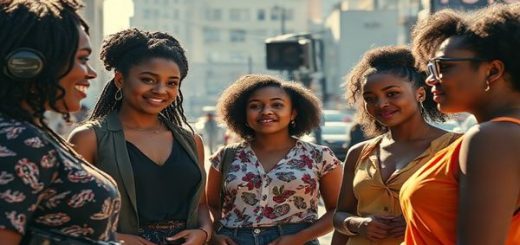 A high-definition image depicting a vibrant film set from "American Fiction" (2023), showcasing a diverse group of strong female characters engaged in dynamic conversations. The backdrop features a richly textured urban landscape with elements of modern filmmaking, such as cameras and lighting equipment. Sunlight filters through, casting dramatic shadows, symbolizing the nuanced exploration of gender dynamics and ambition. Characters should be portrayed expressing a range of emotions, from determination to joy, emphasizing their complexity beyond traditional roles.