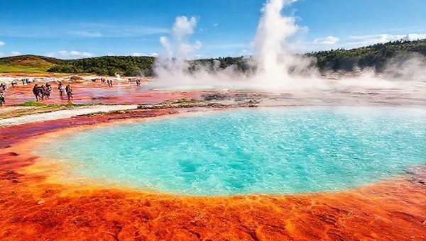 Create a high-definition image of Wai-O-Tapu Thermal Wonderland, showcasing its vibrant hot springs and steaming geysers under a clear summer sky. Highlight the famous Champagne Pool with effervescent turquoise waters and vibrant orange edges. Include lush greenery in the background, and capture the energetic atmosphere of tourists exploring the colorful landscape. The scene should convey a sense of adventure and natural beauty, with vivid colors and dynamic geological features prominently displayed.