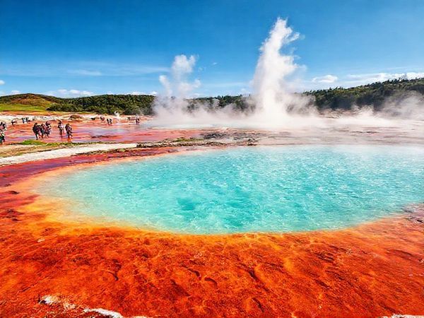 Create a high-definition image of Wai-O-Tapu Thermal Wonderland, showcasing its vibrant hot springs and steaming geysers under a clear summer sky. Highlight the famous Champagne Pool with effervescent turquoise waters and vibrant orange edges. Include lush greenery in the background, and capture the energetic atmosphere of tourists exploring the colorful landscape. The scene should convey a sense of adventure and natural beauty, with vivid colors and dynamic geological features prominently displayed.