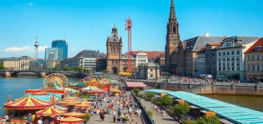 A high-definition image of Düsseldorf's vibrant cityscape during summer, showcasing the idyllic Rheinuferpromenade bustling with cheerful tourists, street performers, and riverside cafés. The scene should capture the lively atmosphere of the International Düsseldorf Funfair on the Rhine, with colorful rides and festive lights, all under a bright blue sky and warm sunshine. Include hints of modern architecture juxtaposed against historic elements, showcasing the city's unique blend of tradition and modernity.