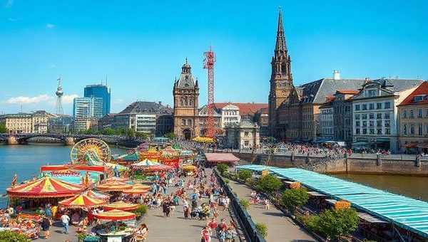 A high-definition image of Düsseldorf's vibrant cityscape during summer, showcasing the idyllic Rheinuferpromenade bustling with cheerful tourists, street performers, and riverside cafés. The scene should capture the lively atmosphere of the International Düsseldorf Funfair on the Rhine, with colorful rides and festive lights, all under a bright blue sky and warm sunshine. Include hints of modern architecture juxtaposed against historic elements, showcasing the city's unique blend of tradition and modernity.