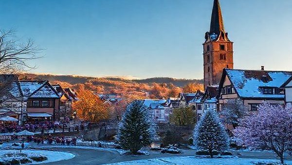 Create a vivid high-definition image of Landkreis Jerichower Land showcasing the beauty of all four seasons: vibrant summer festivals with lively outdoor scenes, autumn foliage bathed in golden light, a serene winter landscape with snow-covered historic architecture, and blossoming spring flowers in lush parks. Capture the tranquility and cultural richness of this hidden gem in Saxony-Anhalt, Germany, blending nature and history in a picturesque composition.