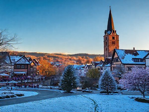 Create a vivid high-definition image of Landkreis Jerichower Land showcasing the beauty of all four seasons: vibrant summer festivals with lively outdoor scenes, autumn foliage bathed in golden light, a serene winter landscape with snow-covered historic architecture, and blossoming spring flowers in lush parks. Capture the tranquility and cultural richness of this hidden gem in Saxony-Anhalt, Germany, blending nature and history in a picturesque composition.