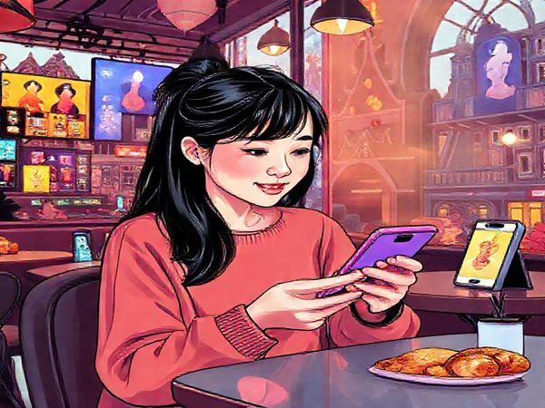 A vibrant, high-definition illustration of a Chinese student sitting in a cozy café in the Netherlands, surrounded by colorful digital screens displaying various dating app interfaces. The student, depicted with a blend of anticipation and curiosity, engages with the apps on a smartphone while enjoying a traditional Dutch pastry. In the background, iconic Dutch architecture and cultural elements blend harmoniously, emphasizing the fusion of Eastern and Western influences in modern dating. The atmosphere should convey a sense of connection, exploration, and adaptation in a foreign land.
