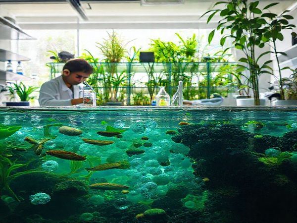 Create a high definition image of a serene laboratory scene where researchers are testing biochar derived from peanut shells, rice straw, sewage sludge, and putrescible waste. Show them conducting experiments with vibrant aquatic life in the background, symbolizing the impact of antibiotic removal from wastewater. Include visuals of bubbling aeration tanks filled with crystal clear water, surrounded by lush greenery, and a glowing light that represents hope for a cleaner future.