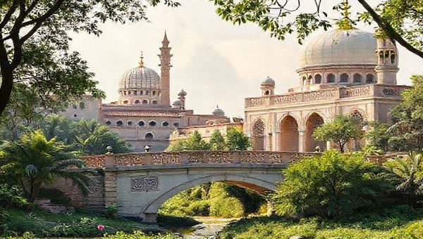 **Create an image in high definition depicting a serene landscape where traditional Islamic architecture meets modern law symbols, symbolizing the harmony between human rights and Islamic law. The scene should feature a bridge connecting an ancient mosque and a modern courthouse, with vibrant cultural motifs representing unity, dialogue, and inclusivity among diverse communities. Soft light filters through lush greenery, creating a sense of hope and future possibilities.**