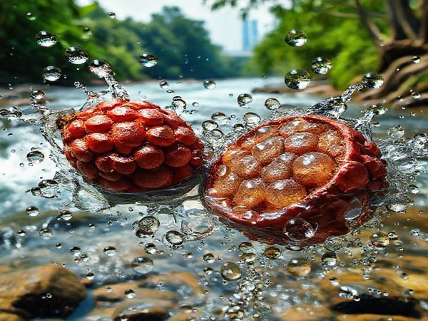 A high-definition image of tamarind seeds being transformed into activated carbon, surrounded by vibrant water droplets symbolizing purification, set against a backdrop of a clear, flowing river. The scene should evoke a sense of sustainability and innovation, with lush greenery and hints of industrial research in the distance, illustrating the connection between natural waste and advanced water purification technology.
