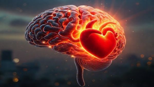 A serene and thought-provoking scene depicting a harmonious fusion of the human brain and emotional heart, illustrating the integration of neuroscience and attachment theory in trauma therapy. The brain is visualized with intricate neural pathways glowing softly, while the heart is surrounded by gentle light, symbolizing healing and connection. In the background, subtle hints of societal structures like buildings and trees represent the influence of systemic issues on mental health. All rendered in high definition, with vibrant colors and soft textures to evoke a sense of hope and resilience.
