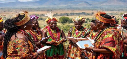 **High definition image of a vibrant Zulu cultural festival, featuring colorful traditional attire, a diverse group of learners engaging with native speakers, and elements of Zulu music and storytelling, set against the backdrop of a scenic Southern African landscape, with symbolic icons representing language learning such as books and conversation bubbles woven into the scene.**