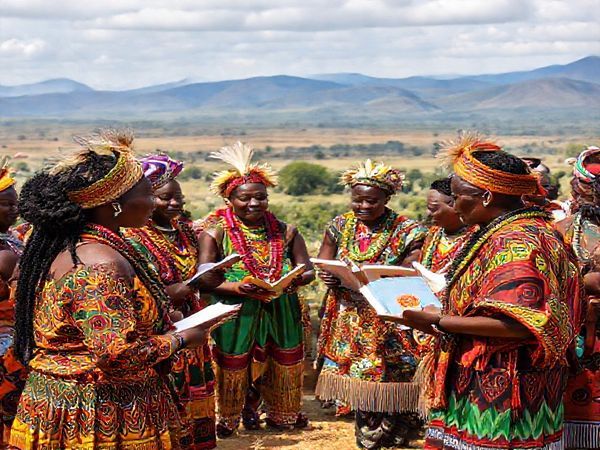 **High definition image of a vibrant Zulu cultural festival, featuring colorful traditional attire, a diverse group of learners engaging with native speakers, and elements of Zulu music and storytelling, set against the backdrop of a scenic Southern African landscape, with symbolic icons representing language learning such as books and conversation bubbles woven into the scene.**