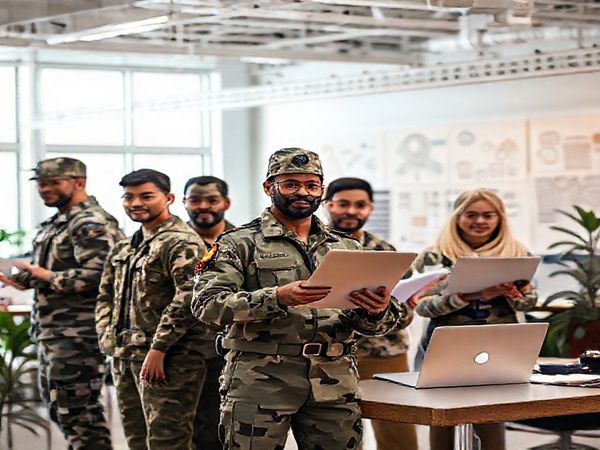 Create a high-definition image that captures a diverse group of military veterans transformed into dynamic entrepreneurs. They should be depicted in a vibrant, modern workspace, showcasing innovative products and ideas. Surround them with symbols of their military backgrounds, such as uniforms or medals, blending seamlessly with entrepreneurial elements like charts, laptops, and brainstorming boards. The scene should radiate energy, collaboration, and a sense of purpose as they bridge their past and future.