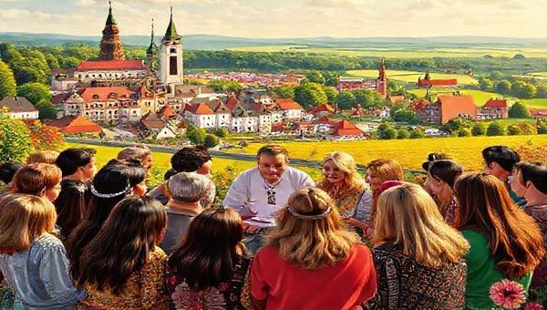 A vibrant and colorful scene depicting a diverse group of people engaged in an interactive language lesson, surrounded by Lithuanian cultural symbols like traditional folk art and landscapes. In the background, iconic Lithuanian landmarks, such as the Vilnius Old Town and lush countryside, create an immersive atmosphere. High definition.