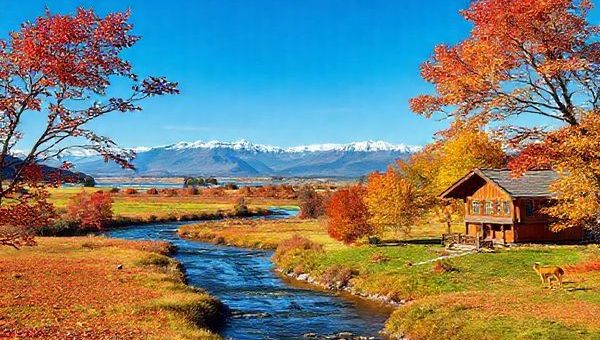 A tranquil landscape of Makarewa, New Zealand, showcasing the vivid colors of autumn foliage with red, orange, and yellow leaves scattered across serene fields. In the background, a gentle river flows under a clear blue sky, complemented by distant snow-capped mountains. A cozy wooden cottage appears, inviting visitors to enjoy the peacefulness. Include seasonal wildlife, like vibrant birds and playful deer, enhancing the idyllic setting. Render in high definition.