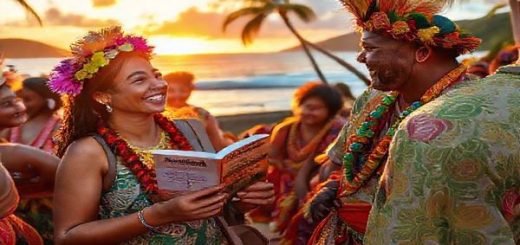 A vibrant scene depicting a traveler immersed in Tongan culture, surrounded by traditional dances, colorful costumes, and lush tropical landscapes of Tonga. The traveler holds a Tongan phrasebook, engaging with local speakers, sharing smiles, and laughter. In the background, a sunset casts a warm glow over the waves, symbolizing the beauty of language learning. High definition.