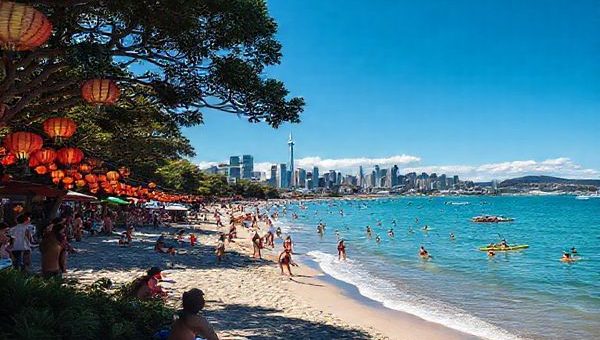 Create a high-definition image of Auckland Region showcasing a vibrant summer day with stunning beaches like Piha and Mission Bay. Include scenes of people engaging in water activities such as kayaking and paddleboarding, set against the backdrop of lush greenery and the iconic skyline of the "City of Sails." Capture the energy of summer festivals, with colorful lanterns lighting up the scene and a clear blue sky overhead.