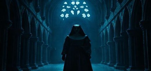 A high-definition image of a dimly lit cloister in a gothic convent, with shadowy corridors leading to an intricately designed chapel. Ethereal whispers echo through the air, creating a chilling atmosphere. In the foreground, a central figure, Sister Irene, stands strong yet overshadowed by looming male figures, depicting the tension of agency and control. The scene blends architectural beauty with elements of horror, bathed in hues of deep blues and grays, capturing the essence of both empowerment and subjugation within a hauntingly beautiful frame.