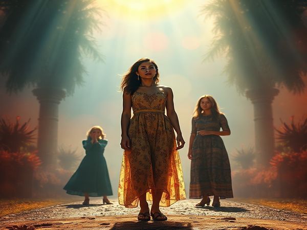 Create a high definition image that captures the essence of a cinematic scene from "Woman of the Hour." Depict the protagonist Annabelle, a strong yet vulnerable woman, standing at a crossroads surrounded by vibrant colors and intricate shadows that reflect her internal struggle. Incorporate elements of light and sound around her to symbolize the emotional landscape she navigates, while also showcasing her connections with other female characters in candid conversation, embodying themes of empowerment and agency. The backdrop should be rich and lush, evoking the film's visual splendor and emotional depth.