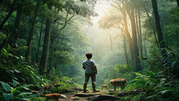 A high-definition image of a vibrant forest scene featuring lush greenery, diverse wildlife, and a human figure standing thoughtfully, contemplating the beauty of nature. Surround the figure with subtle symbols of sustainability, like plants growing from recycled materials and a soft glow around them that represents awareness. Include visual elements that contrast the natural world with images of animal fur and skin products to illustrate the clash between consumption and conservation.