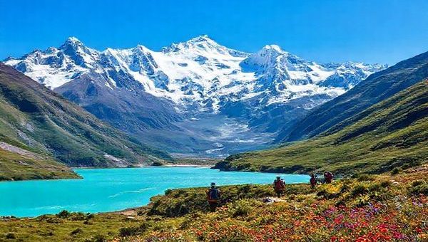 A stunning high-definition image of Aoraki (Mount Cook) in summer, showcasing its majestic snow-capped peaks against a clear blue sky. The foreground features the vibrant turquoise waters of a glacial lake, surrounded by lush green valleys and colorful wildflowers in full bloom. The image captures hikers on the scenic Hooker Valley Track, immersed in the breathtaking natural beauty, with dramatic mountain vistas in the background.