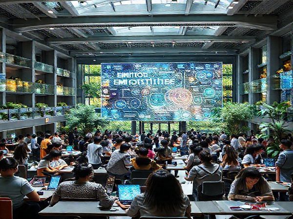A futuristic university campus, bustling with diverse students engaged in collaborative project-based learning, surrounded by advanced technology interfaces and holographic displays. A large digital screen showcases concepts like "emotional intelligence" and "critical thinking," while vibrant greenery integrates with digital elements. High-definition, capturing the essence of innovation and interconnected learning in the Fourth Industrial Revolution.