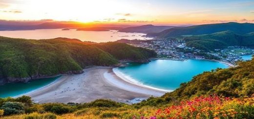 A breathtaking landscape of the Thames-Coromandel District in New Zealand, showcasing stunning rugged coastlines, tranquil bays, and lush green forests under a vibrant sunset. Include a picturesque beach with visitors enjoying hot springs at Hot Water Beach, colorful wildflowers in spring bloom, and a hint of autumn foliage. Incorporate charming townships with local art galleries and cafes, all framed by a serene sky. Make the image in high definition.