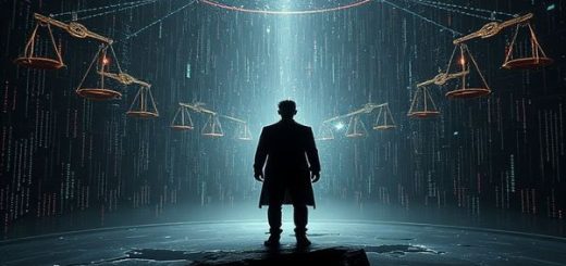 A high-definition image of a shadowy figure standing at the intersection of technology and human rights, surrounded by a surreal landscape of digital data streams blending into broken scales of justice. Ethereal elements symbolizing 'slow violence' circle around, illustrating the gradual erosion of privacy and dignity. The atmosphere should evoke a sense of urgency and introspection, with a muted color palette highlighting contrasts between light and darkness to symbolize the unseen impacts of AI on humanity.