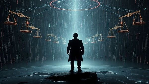 A high-definition image of a shadowy figure standing at the intersection of technology and human rights, surrounded by a surreal landscape of digital data streams blending into broken scales of justice. Ethereal elements symbolizing 'slow violence' circle around, illustrating the gradual erosion of privacy and dignity. The atmosphere should evoke a sense of urgency and introspection, with a muted color palette highlighting contrasts between light and darkness to symbolize the unseen impacts of AI on humanity.