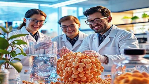 A high-definition image depicting a vibrant laboratory scene where researchers are joyfully working with peanut shells and advanced 2D nanomaterials. Include a colorful representation of the NC-CNS3 composite engaging with water, showcasing its effect on antibiotic pollutants. The environment should be bright and modern, filled with scientific equipment, plants, and elements that symbolizes sustainability and innovation, highlighting the transformative power of transforming agricultural waste into a powerful tool for cleaner water.