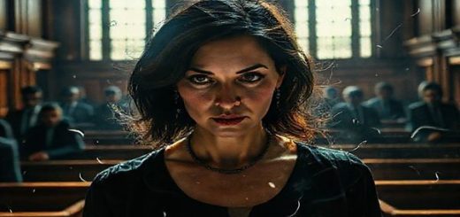 Create a high-definition image of a courtroom scene infused with a poetic, surreal quality. The protagonist, a woman in her thirties with an intense gaze, stands at the center, her words visually resonating as wisps of light swirling around her. Surrounding her, shadowy silhouettes of male figures loom, their expressions a blend of skepticism and scrutiny. The rich textures of the courtroom, from the wooden benches to the intricate details of light filtering through high windows, create an atmospheric tension. Symbolic elements like broken chains and flickering shadows should weave through the scene, representing the struggle against societal expectations and the quest for agency.
