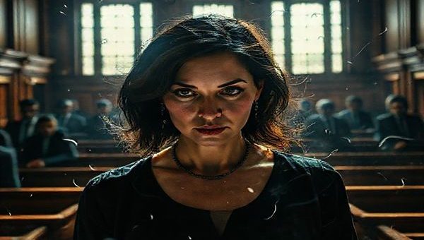 Create a high-definition image of a courtroom scene infused with a poetic, surreal quality. The protagonist, a woman in her thirties with an intense gaze, stands at the center, her words visually resonating as wisps of light swirling around her. Surrounding her, shadowy silhouettes of male figures loom, their expressions a blend of skepticism and scrutiny. The rich textures of the courtroom, from the wooden benches to the intricate details of light filtering through high windows, create an atmospheric tension. Symbolic elements like broken chains and flickering shadows should weave through the scene, representing the struggle against societal expectations and the quest for agency.