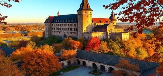 A high definition image of Nuremberg Castle, showcasing its stunning medieval architecture atop a sandstone ridge, surrounded by vibrant autumn foliage. The castle’s imposing towers and storied walls bask in the warm glow of the late afternoon sun, while a few visitors stroll through the tranquil courtyard. In the background, the lush landscape transitions into a tapestry of reds, oranges, and golds, creating a picturesque scene that captures the serenity and beauty of fall.