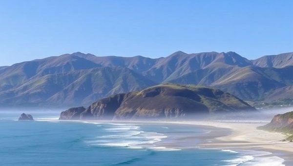 Create a high-definition image of Whangārei Heads capturing the essence of all four seasons: vibrant summer beaches with sunbathers and active water sports, serene winter landscapes enveloped in mist with quiet coastal walks, colorful autumn leaves reflecting rich hues of red and gold, and blooming spring flowers attracting migratory birds. The backdrop features rugged volcanic peaks under a clear sky, conveying a sense of tranquility and adventure in this enchanting New Zealand destination.