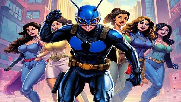 High definition image of a superhero in a vibrant urban landscape, showcasing the Blue Beetle character in action, surrounded by a diverse group of strong female characters, each exuding power and confidence. Include elements of family dynamics and cultural motifs in the background, with a visually striking yet emotional atmosphere that highlights both heroism and the importance of female narratives in action.