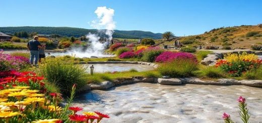A breathtaking high-definition scene of Kuirau Park in summer, showcasing vibrant geothermal pools surrounded by lush native plants in full bloom beneath a clear blue sky. The atmosphere is lively with visitors enjoying picnics and soaking their feet in the outdoor thermal baths. Capture the contrast of colorful flowers against the bubbling mud pools, with steam rising gently in the warm sunlight, inviting exploration and wonder.