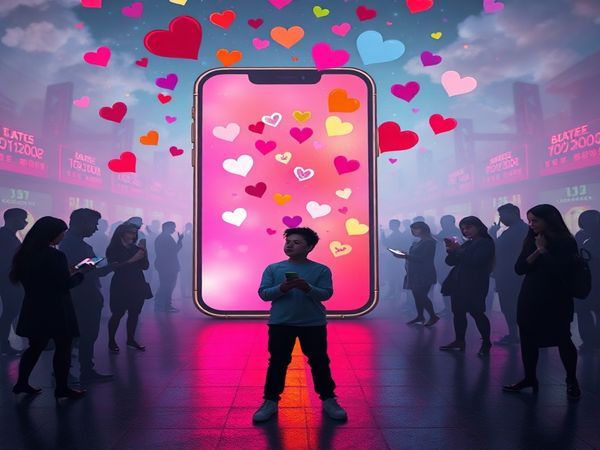 **High definition image prompt:** A surreal digital landscape depicting a large, vibrant smartphone screen where colorful hearts and icons float around, representing dating app swipes. In the foreground, a person with a thoughtful expression stands at a crossroads, surrounded by shadowy figures of other users, each swiping on their own devices amidst a backdrop of neon lights and game-like scoreboards. The scene captures the competitive aspect of modern romance intertwined with themes of self-worth and digital identity.