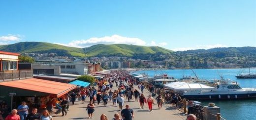 Create a high-definition image of Wellington District, New Zealand, showcasing the vibrant summer scene with bustling local markets, sun-kissed waterfront views, and lush green rolling hills. Capture the energy of people walking, jogging, and cycling along the waterfront, with artists performing during the New Zealand International Arts Festival. Include glimpses of the Zealandia Eco-Sanctuary and the stunning beaches along the Kapiti Coast, all under a bright blue sky with a few fluffy clouds.