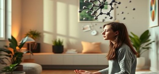 Create a high-definition image of a serene, modern therapy room where a compassionate social worker gently guides a teenager through a mindfulness exercise. One half of the room is bathed in warm, calming colors, while the other half is decorated with images of molecular structures of MDMA intertwined with abstract representations of healing. The teenager looks contemplative yet hopeful, surrounded by nature-themed decorations that symbolize growth and recovery.