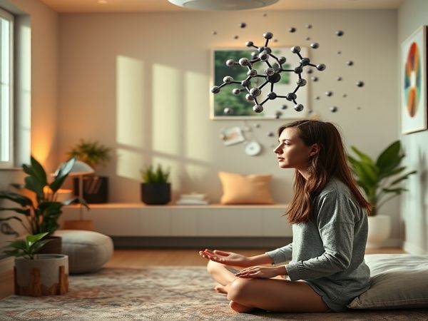 Create a high-definition image of a serene, modern therapy room where a compassionate social worker gently guides a teenager through a mindfulness exercise. One half of the room is bathed in warm, calming colors, while the other half is decorated with images of molecular structures of MDMA intertwined with abstract representations of healing. The teenager looks contemplative yet hopeful, surrounded by nature-themed decorations that symbolize growth and recovery.