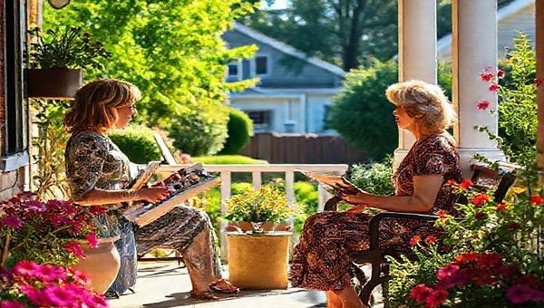 Create a high-definition image depicting a vibrant suburban neighborhood scene, where two women are engaged in a deep conversation on a sunlit porch, surrounded by lush greenery and colorful flowers. One woman, Clara, is holding art supplies, exuding a sense of creativity and ambition, while her neighbor Laura listens intently, embodying support and solidarity. The warm, inviting atmosphere should reflect a rich color palette, accentuating the emotional depth and intimacy of their relationship, with soft shadows and light play enhancing the scene's cinematic quality.
