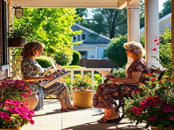 Create a high-definition image depicting a vibrant suburban neighborhood scene, where two women are engaged in a deep conversation on a sunlit porch, surrounded by lush greenery and colorful flowers. One woman, Clara, is holding art supplies, exuding a sense of creativity and ambition, while her neighbor Laura listens intently, embodying support and solidarity. The warm, inviting atmosphere should reflect a rich color palette, accentuating the emotional depth and intimacy of their relationship, with soft shadows and light play enhancing the scene's cinematic quality.
