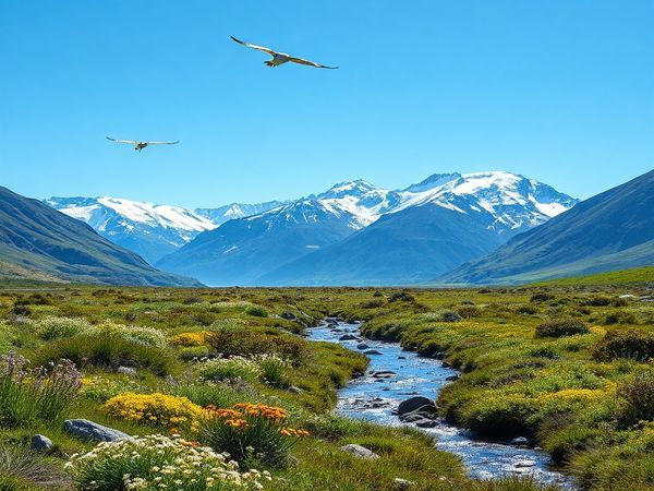 A serene, breathtaking landscape of Ahuriri Conservation Park during spring, showcasing vibrant wildflowers blooming among lush greenery, migratory birds soaring in the blue sky, and shimmering streams cascading from melting snow. Surrounding the scene are majestic snow-capped peaks of the Southern Alps, under a clear, bright sky. Capture the tranquility and renewal of nature in high definition.