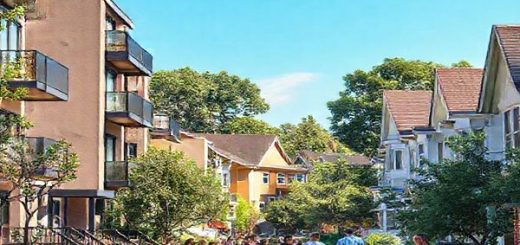A high-definition image of a serene urban neighborhood that blends modern rental apartments and charming homes for sale, with a diverse group of people of various ages navigating their housing choices—some discussing finances, others envisioning their dream homes. The backdrop features clear blue skies and lush greenery, symbolizing hope and opportunity in the quest for homeownership amidst the complexities of modern living.